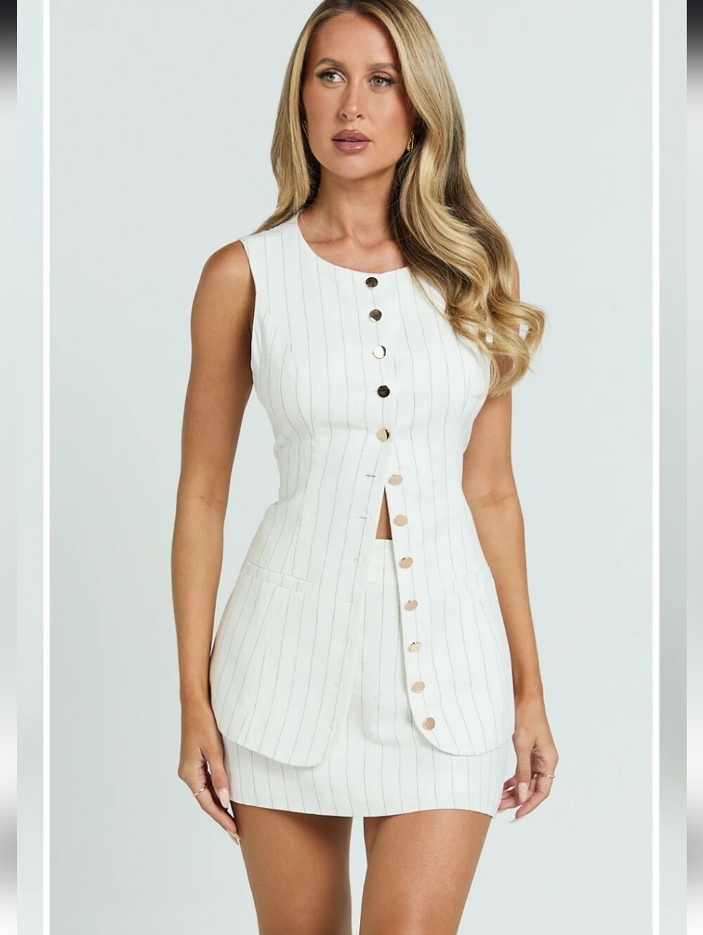 Showpo Calvin White Pinstripe Two Piece Skort Set Size 10 Linen Chic